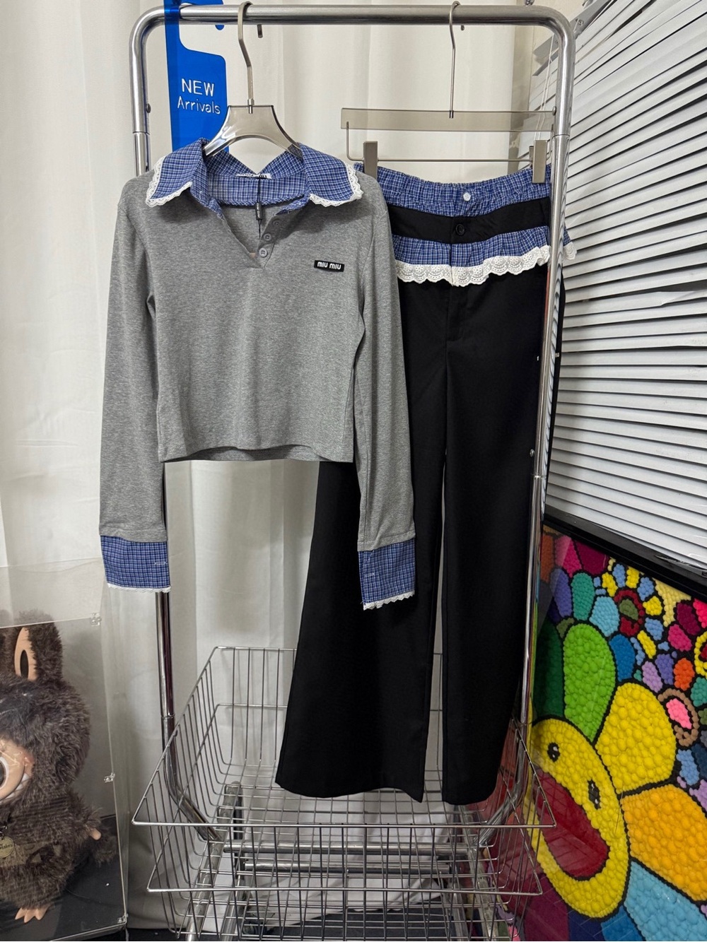 Miu Miu set: Grey polo long-sleeved top + black casual pants